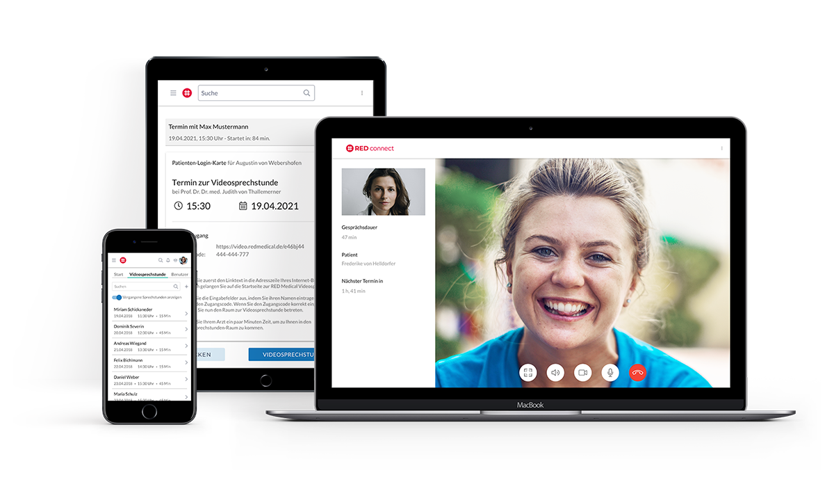 Red connect videosprechstunde deviceübergreifend Videosprechstunde Arzt zu Patient auf Laptop, Handy und Tablet