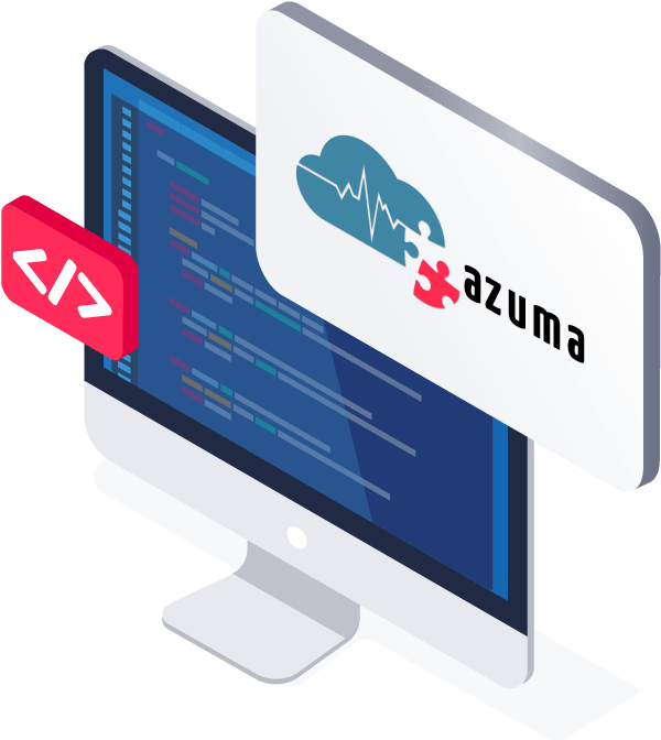 Grafik eines Computerbildschirms und dem Logo des healthtech-Unternehmens azuma