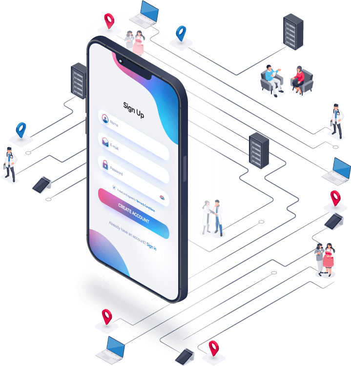 Grafik mit einem Anmeldeformular auf einem Smartphone-Screen. Im Hintergrund sind Verbindungen zwischen verschiedenen Komponenten der Telematikinfrastruktur und Akteuren des Gesundheitswesens dargestellt.
