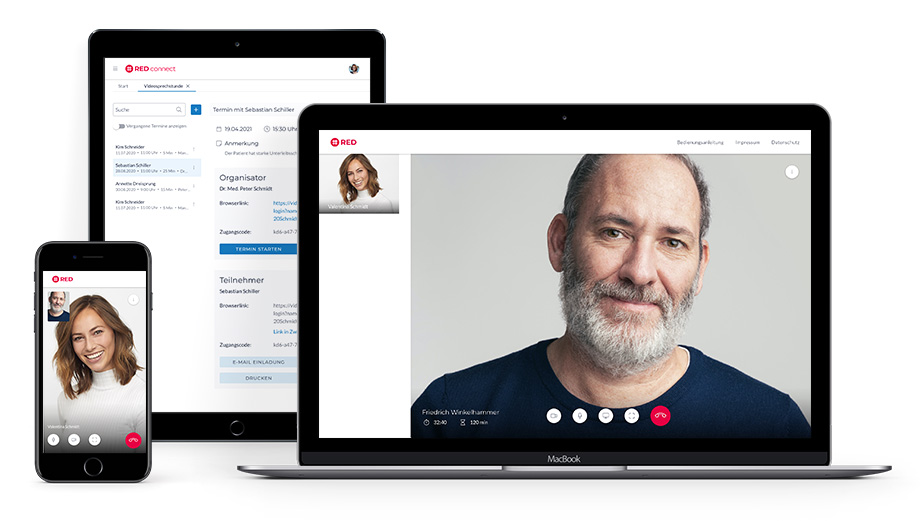 Videosprechstunde Videodienst RED connect plus auf Laptop, Tablet. Handy